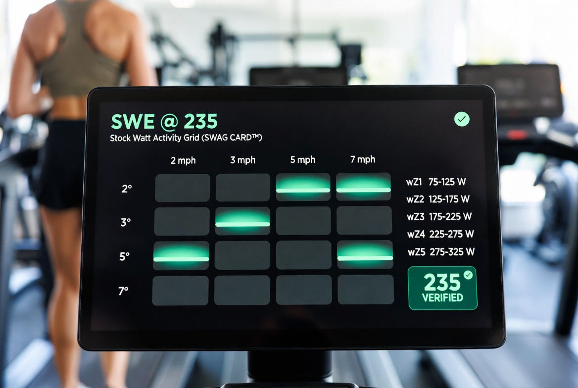 SWE@235 shown on a treadmill screen in a luxury gym setting